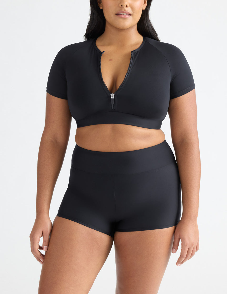 Black Knix Short Sleeve Zip Cropped Swimsuits | HURIQB-627