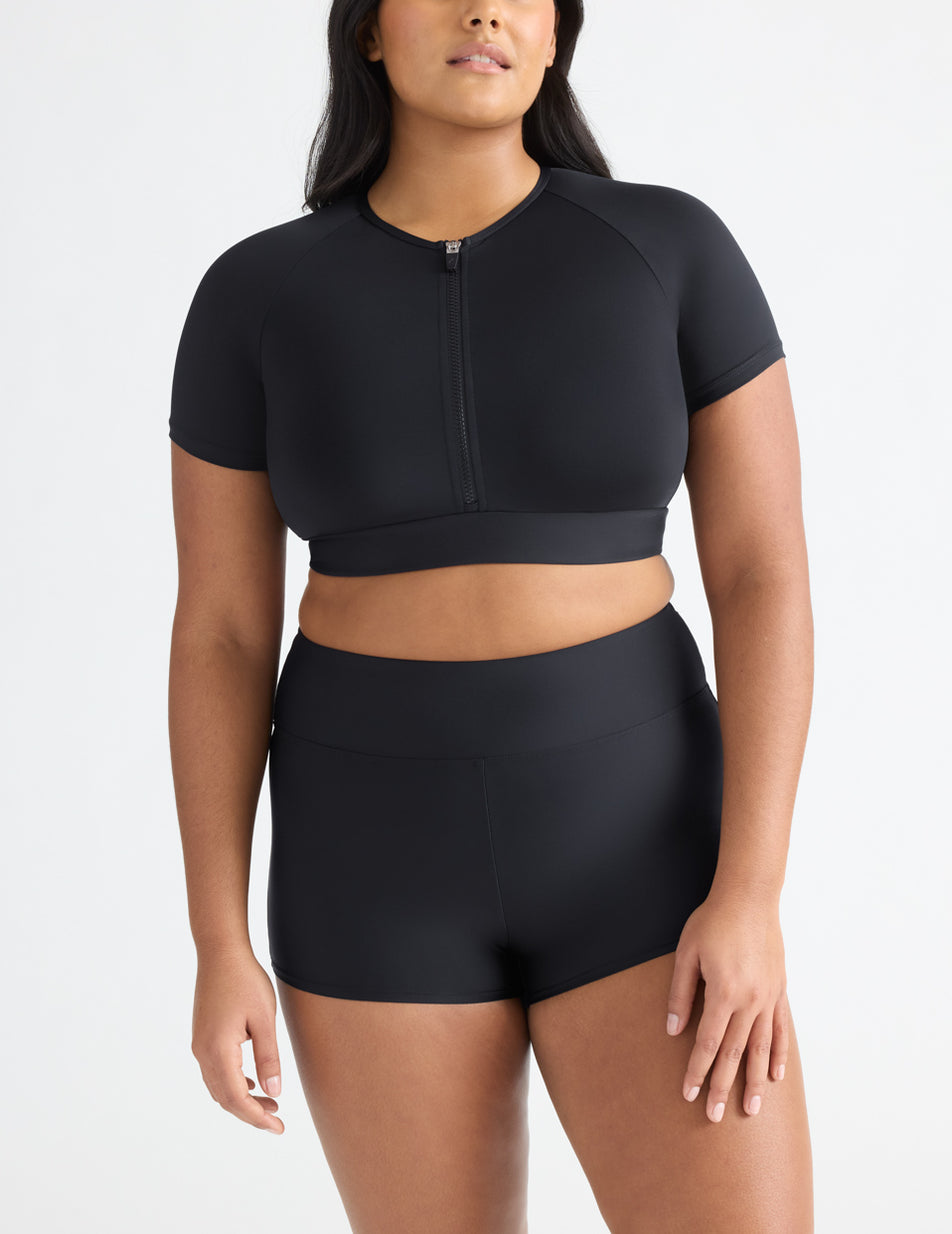 Black Knix Short Sleeve Zip Cropped Swimsuits | HURIQB-627