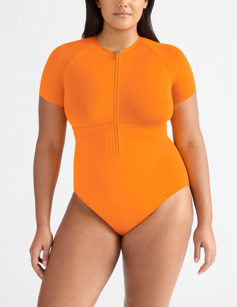 Orange Knix Short Sleeve Zip One Piece Swimsuits | MPESBF-251