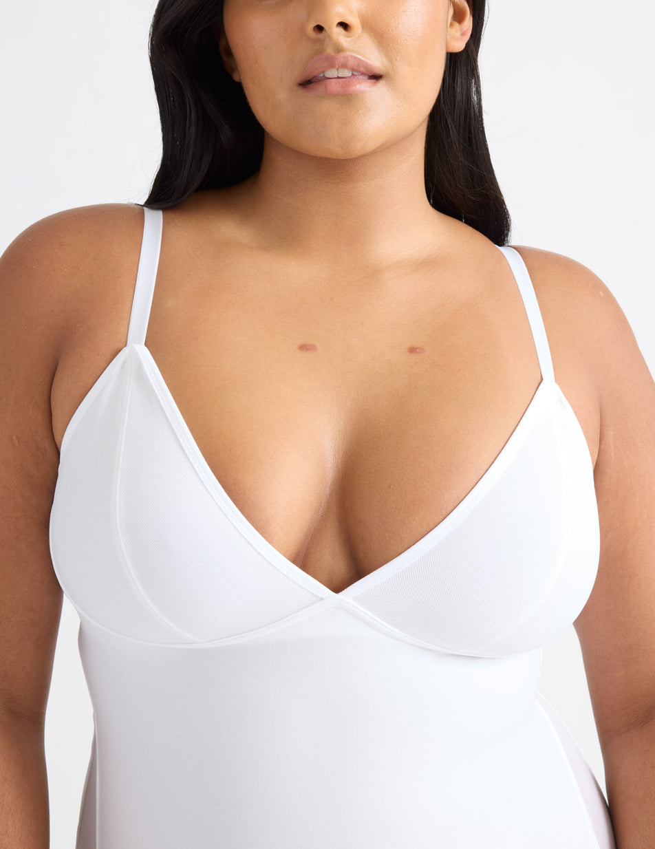 White Knix Mesh Deep V Bodysuit | KUGYLN-523